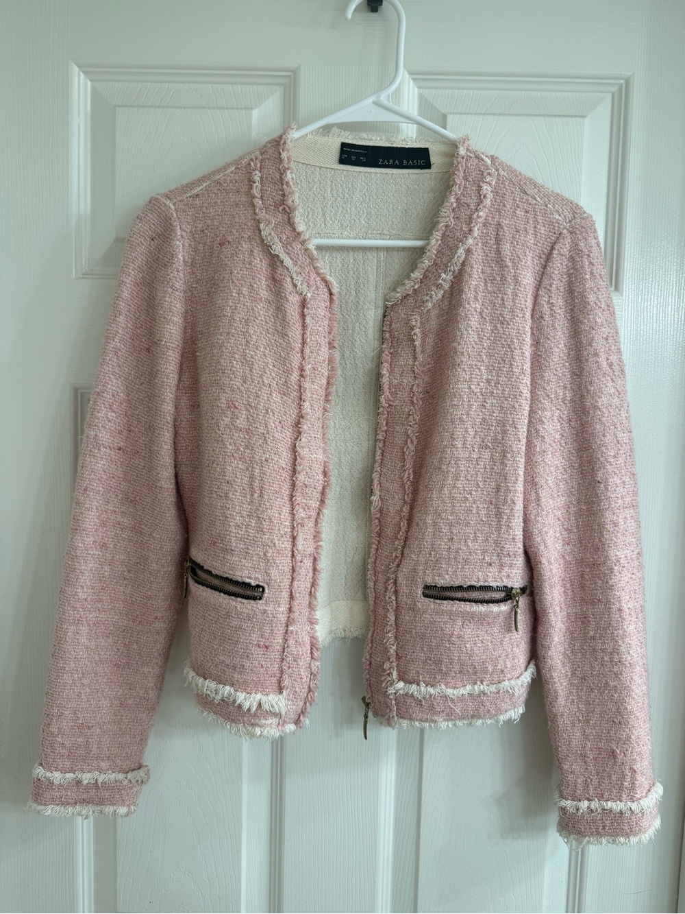 Zara Basic Light Pink Tweed Fringed Jacket-Sz M